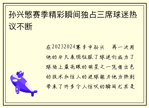 孙兴慜赛季精彩瞬间独占三席球迷热议不断
